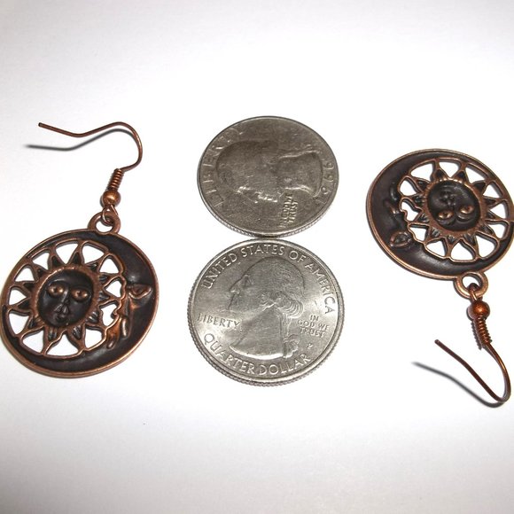 Copper Sun Moon Earring Unisex Style Charm Dangle Drop Celestial Jewelry C006 - Picture 3 of 6